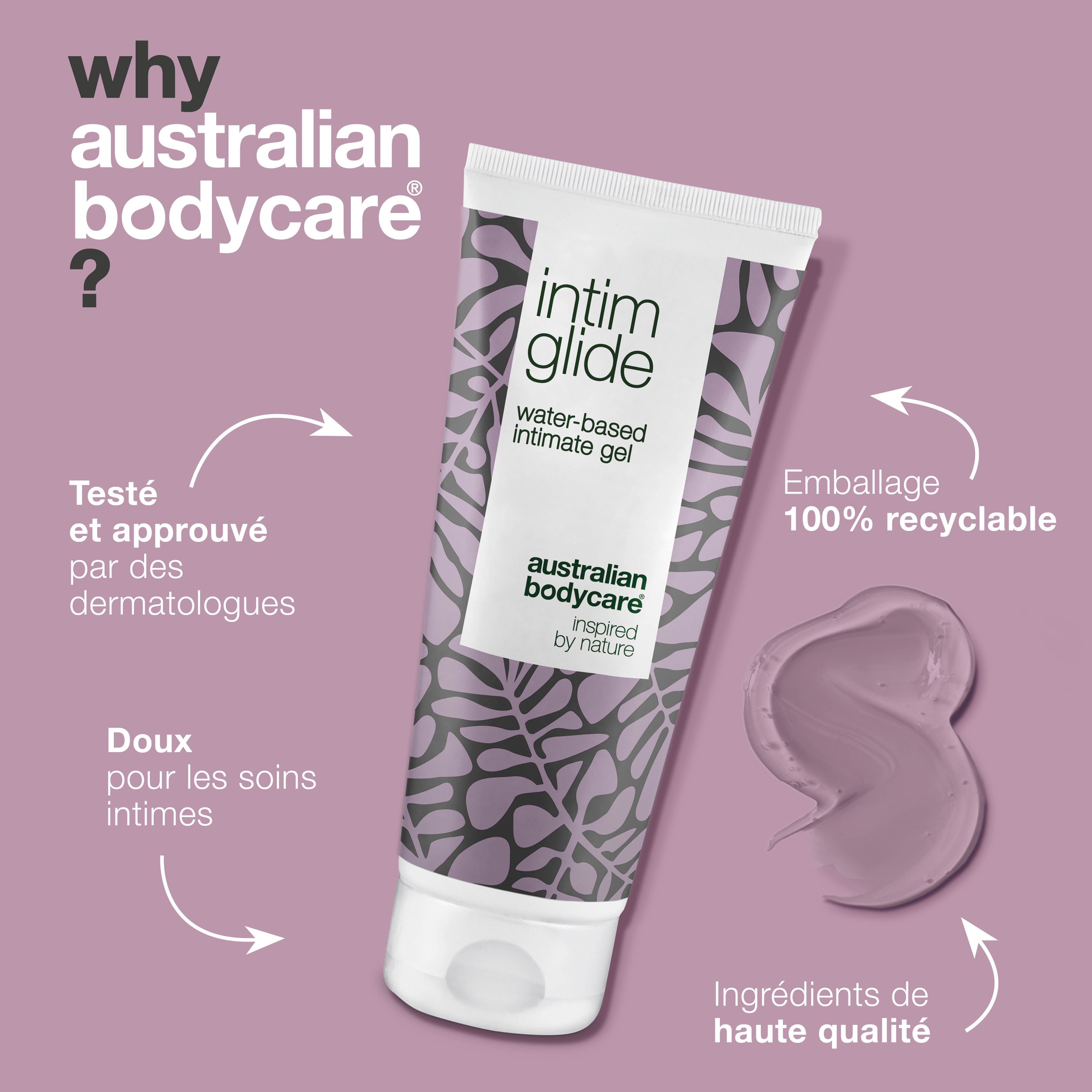 Comparaison: problème et solution. Gel intime. À base d'eau. Marque: Australian Bodycare. Fond violet.