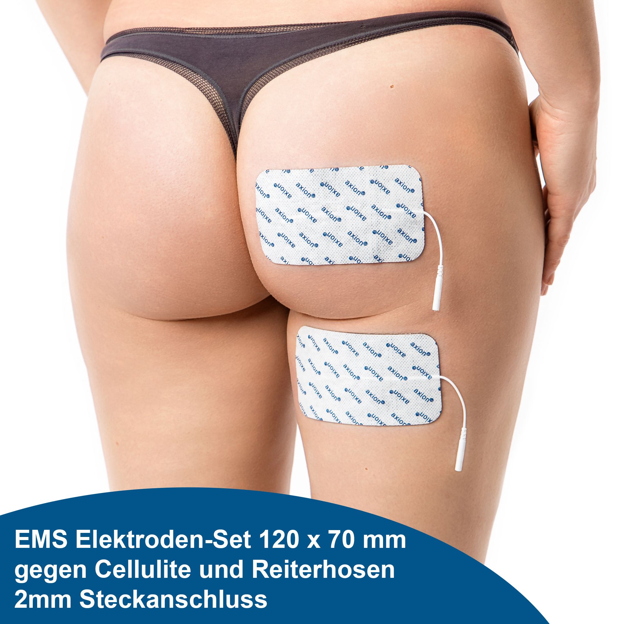 Persoon met elektrodenpads op dij en billen. Tekst: EMS Elektroden-Set 120 x 70 mm.