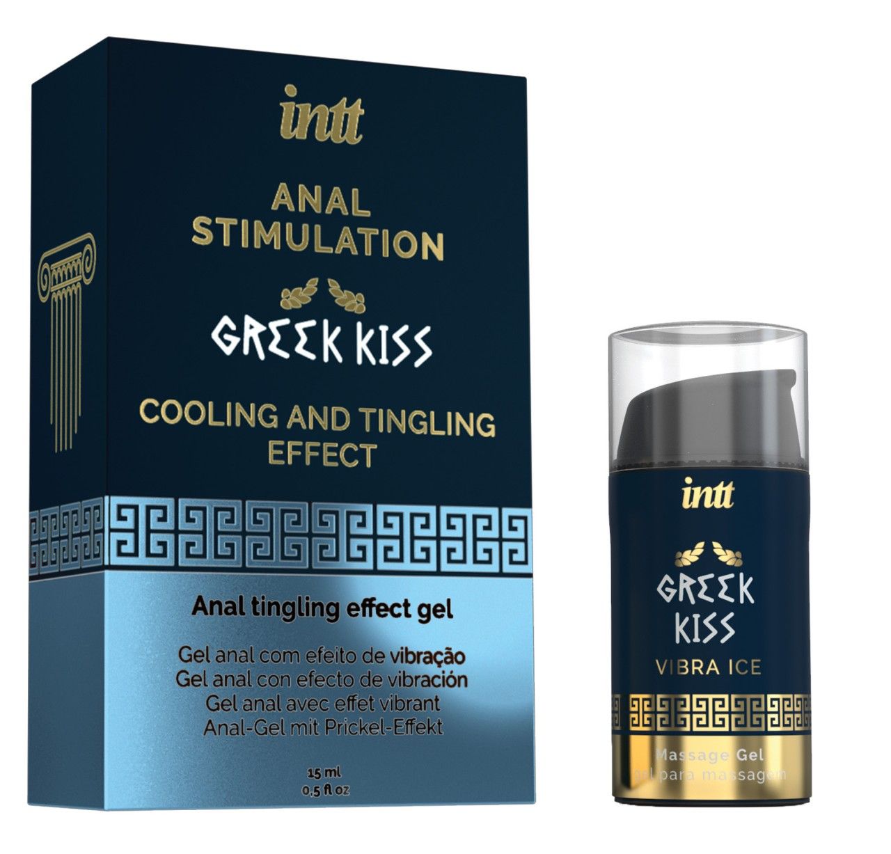 Emballage et flacon du gel INTT Greek Kiss à effet rafraîchissant et picotant.