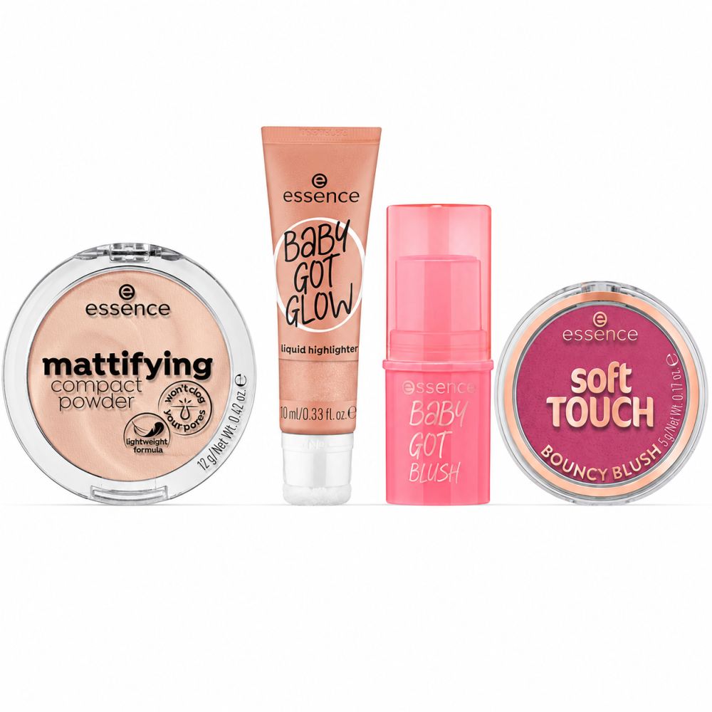Poudre compacte matifiante Essence, enlumineur liquide Baby Got Glow, blush stick Baby Got Blush et blush rebondissant Soft Touch.