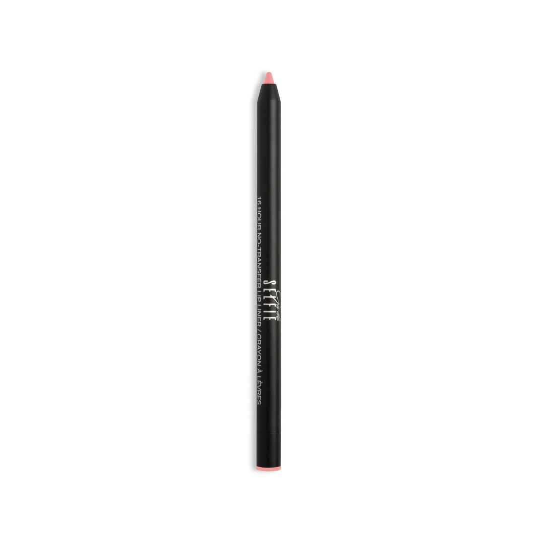 Zwarte lipliner met roze punt. Opschrift: Selfie. Slanke, cilindrische vorm.