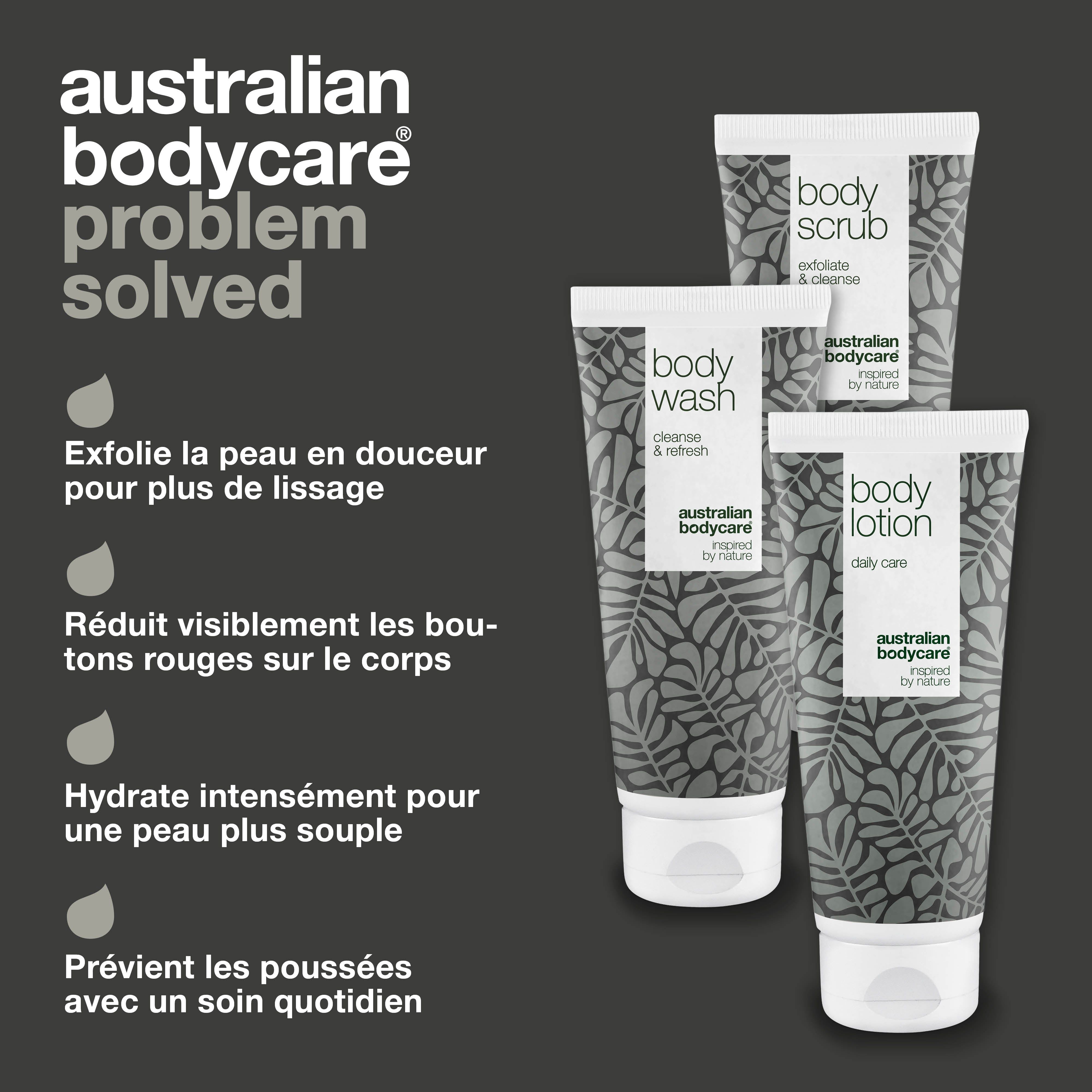 Trois tubes. Inscriptions : Body Scrub, Body Wash, Body Lotion. Marque : Australian Bodycare. Texte : Problème résolu. Motif de feuilles grises.