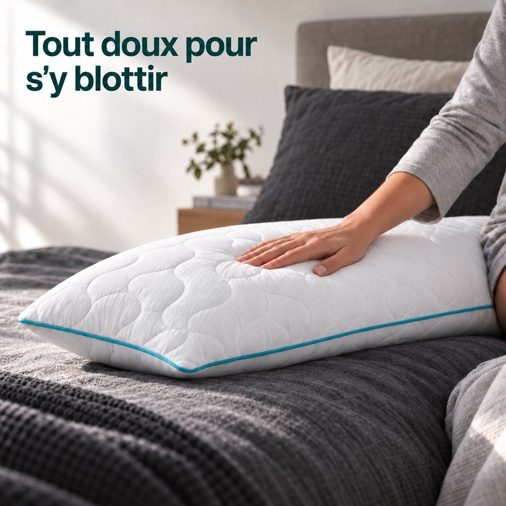 Un coussin blanc de 140 cm de long avec des accents bleus. Largeur 40 cm.