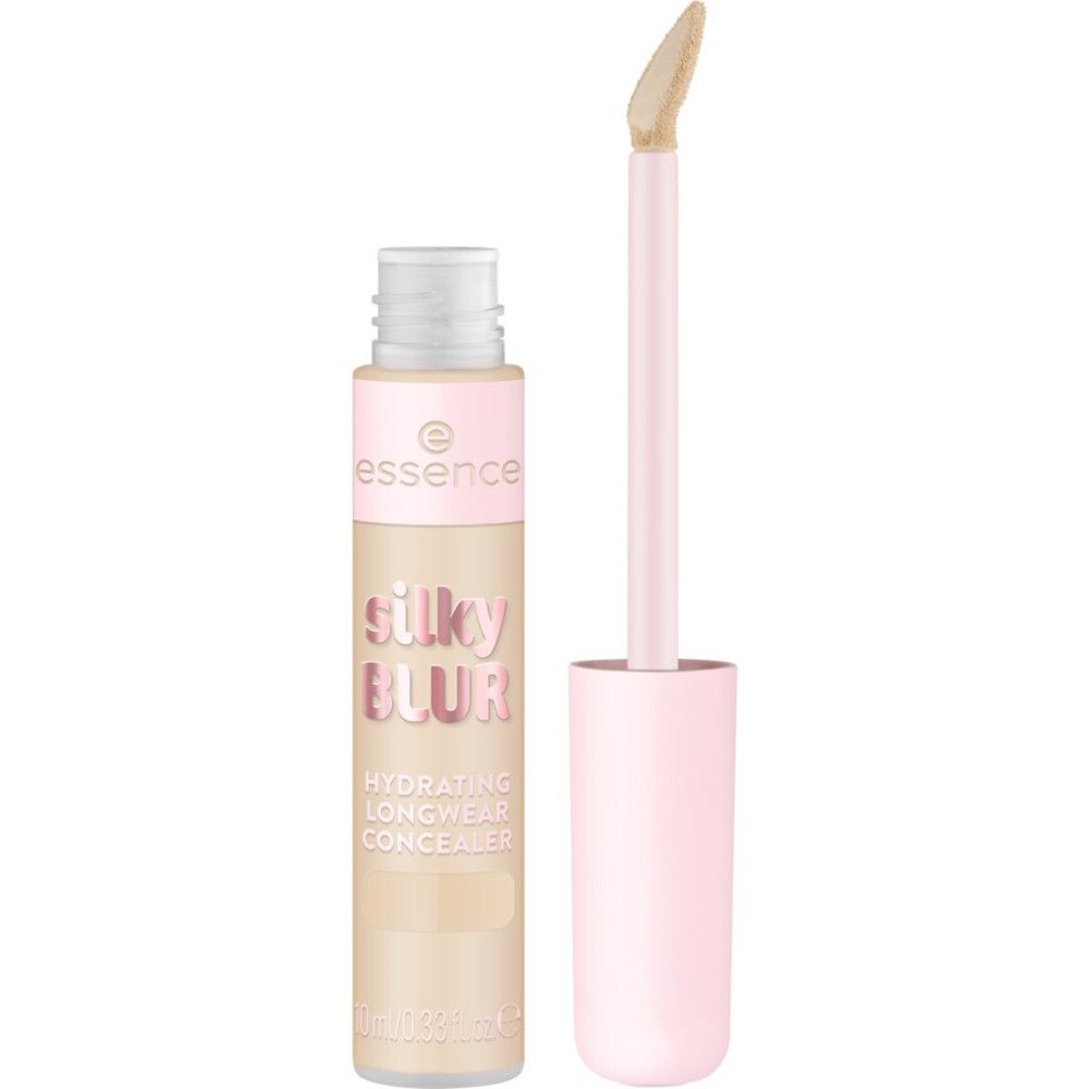 Flacon de correcteur beige avec bouchon et applicateur roses. Inscription : Silky Blur, Hydrating Longwear Concealer. Marque : Essence.