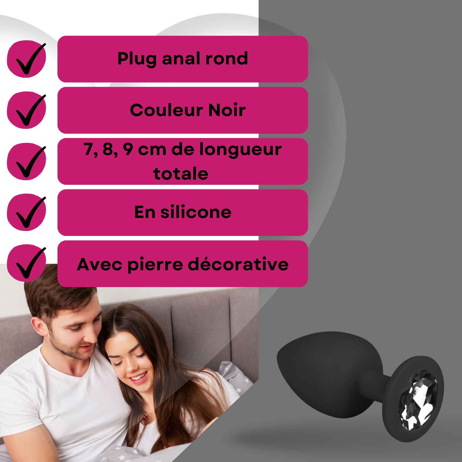 Easytoys - Plug anal en silicone noir avec pierre décorative - ENSEMBLE