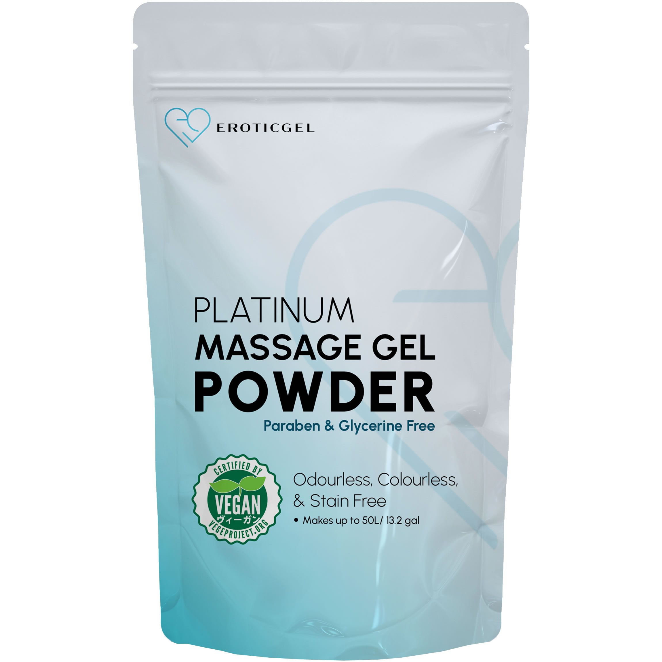 Sachet de poudre de gel de massage Erotigcel Platinum, sans paraben ni glycérine, inodore, incolore et sans taches.