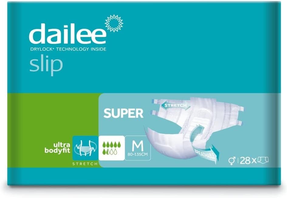 Paquet de Dailee Slip Super. Emballage turquoise et vert avec image du produit. Taille M, 28 pièces.
