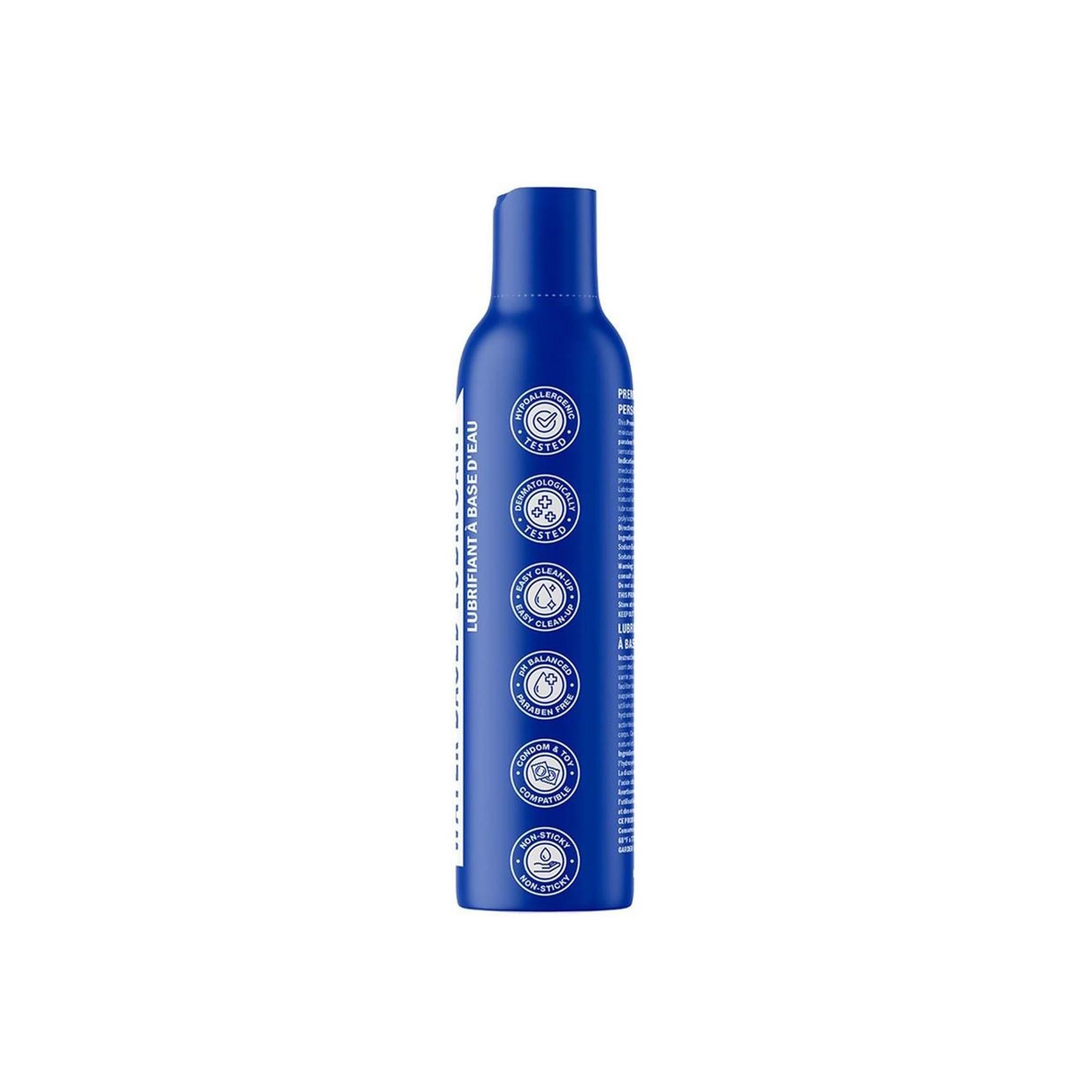 Flacon bleu avec symboles et texte blancs. Inscription: Lubricant à base d'eau. Plusieurs symboles.