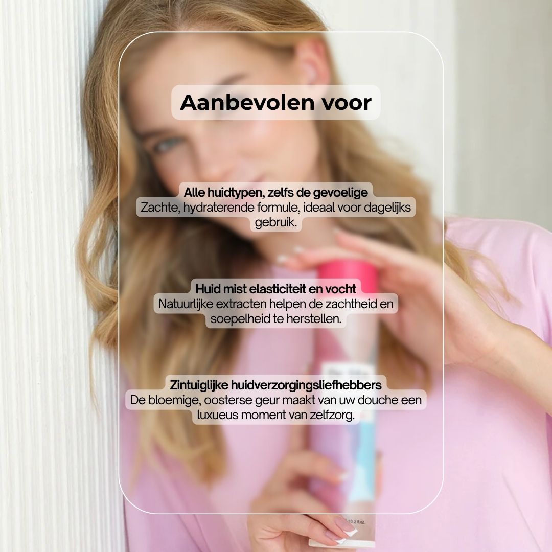 Drie douchegelflessen. Tekst: Dr. SEA, Moisturising Shower Gel. Kleuren: bruin, blauw, rood. Opschrift: Dead Sea Products.
