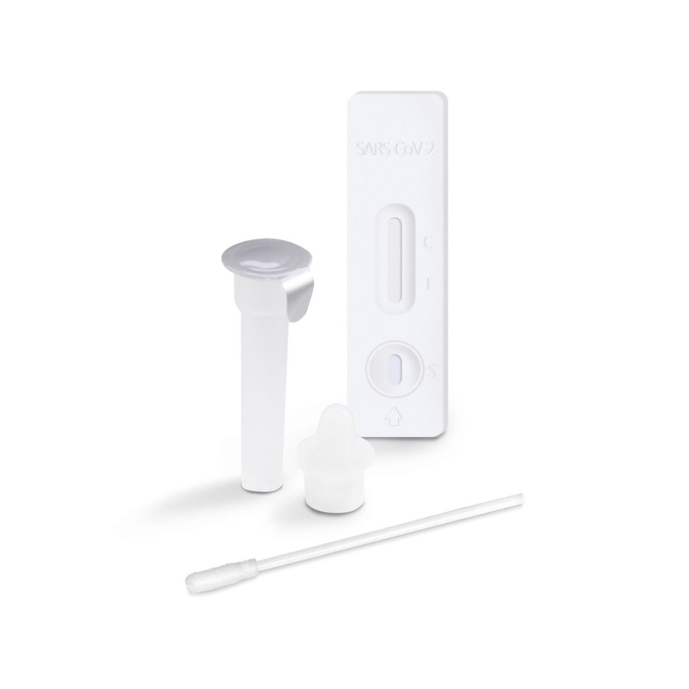 Tube de test, flacon compte-gouttes, écouvillon et cassette de test. Nom du produit non visible.
