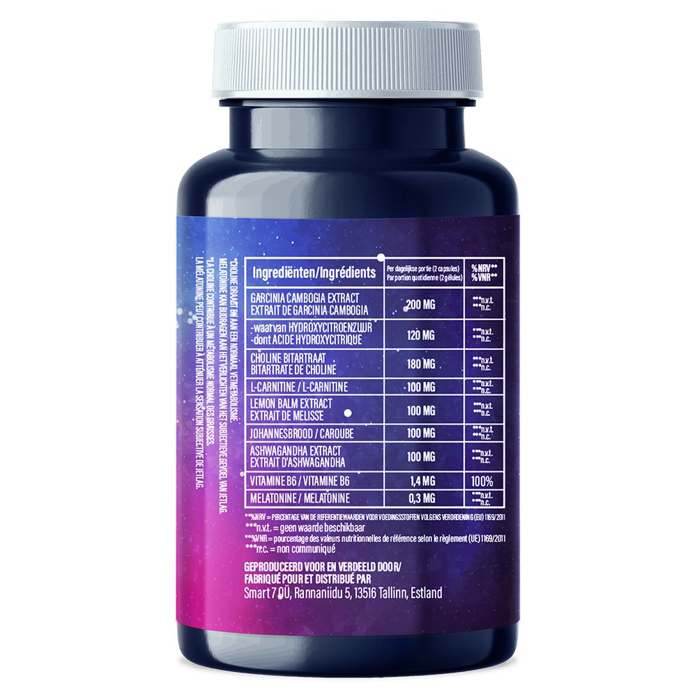 Arrière d'un pot foncé avec étiquette Enolenia Keto Night, motif étoiles et liste d'ingrédients.
