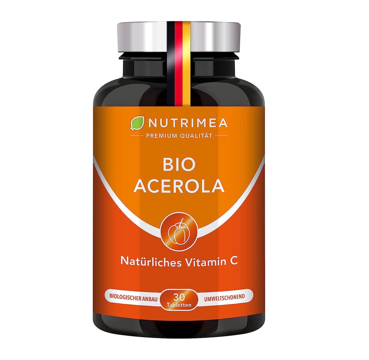 Flacon marron avec étiquette orange. Inscription: BIO ACEROLA, Vitamine C naturelle. 30 comprimés. Avec drapeau allemand.