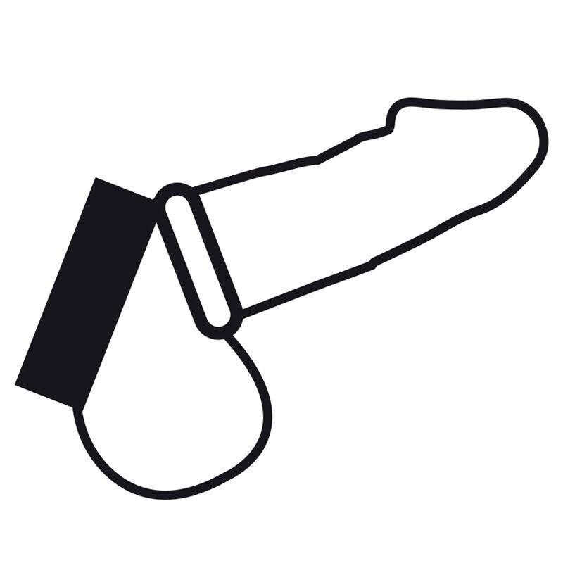 Gestileerde zwarte tekening van een penis met een ring en bandbevestiging.