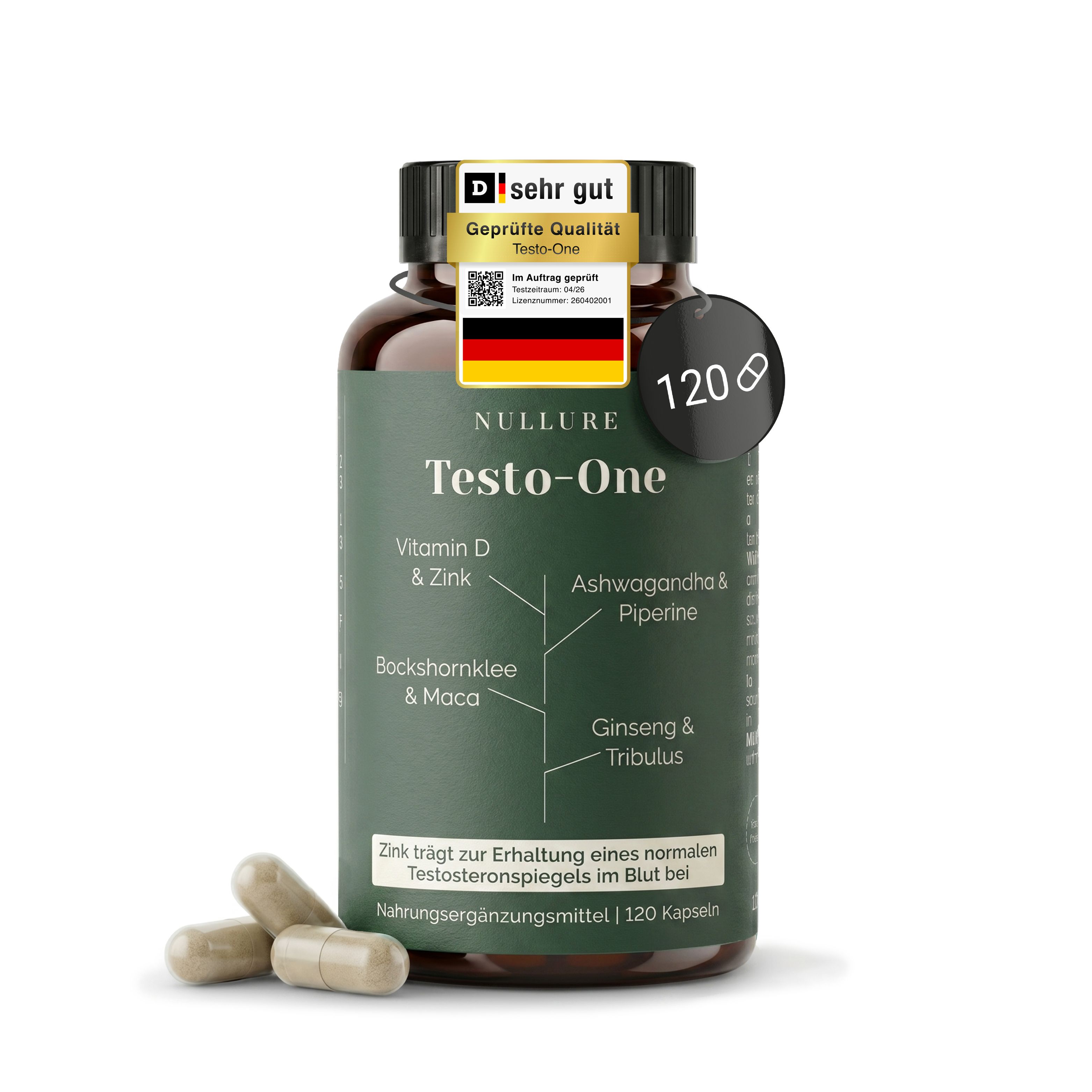 Pot brun de 120 gélules, sceau 'Très bien'. Contient Vitamine D, Zinc, Ashwagandha, Fenugrec, Ginseng, Tribulus.