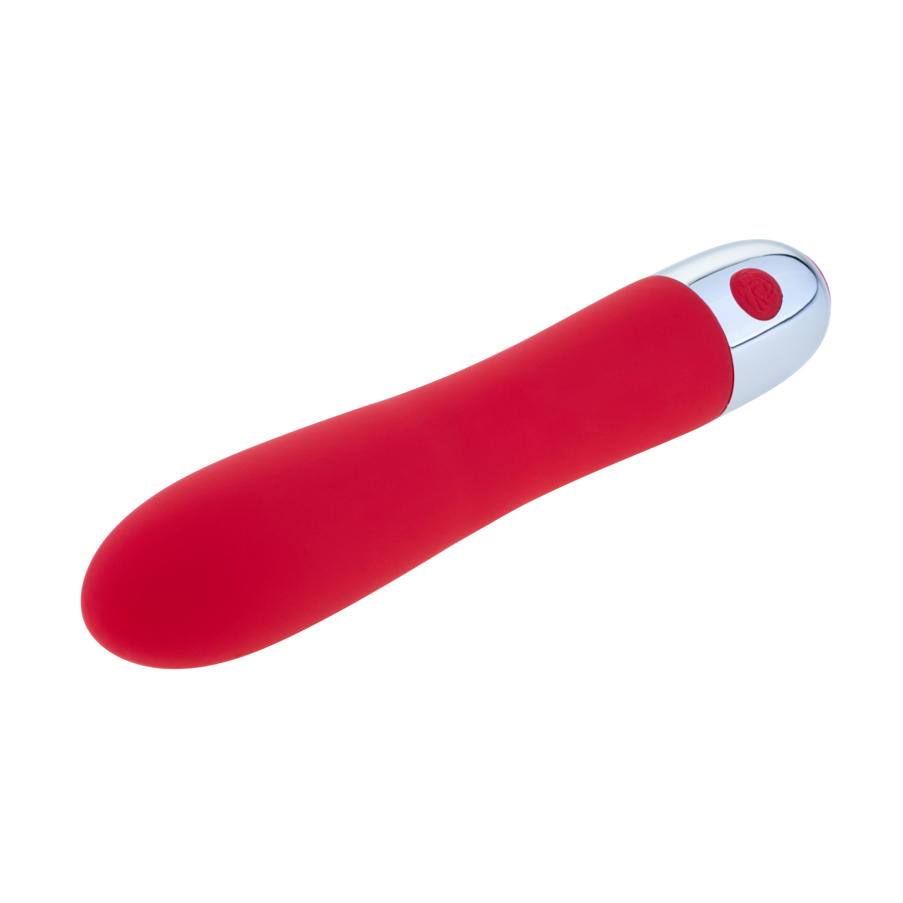 Rode vibrator met zilverkleurige kop en rode knop. Glad oppervlak, ergonomische vorm.