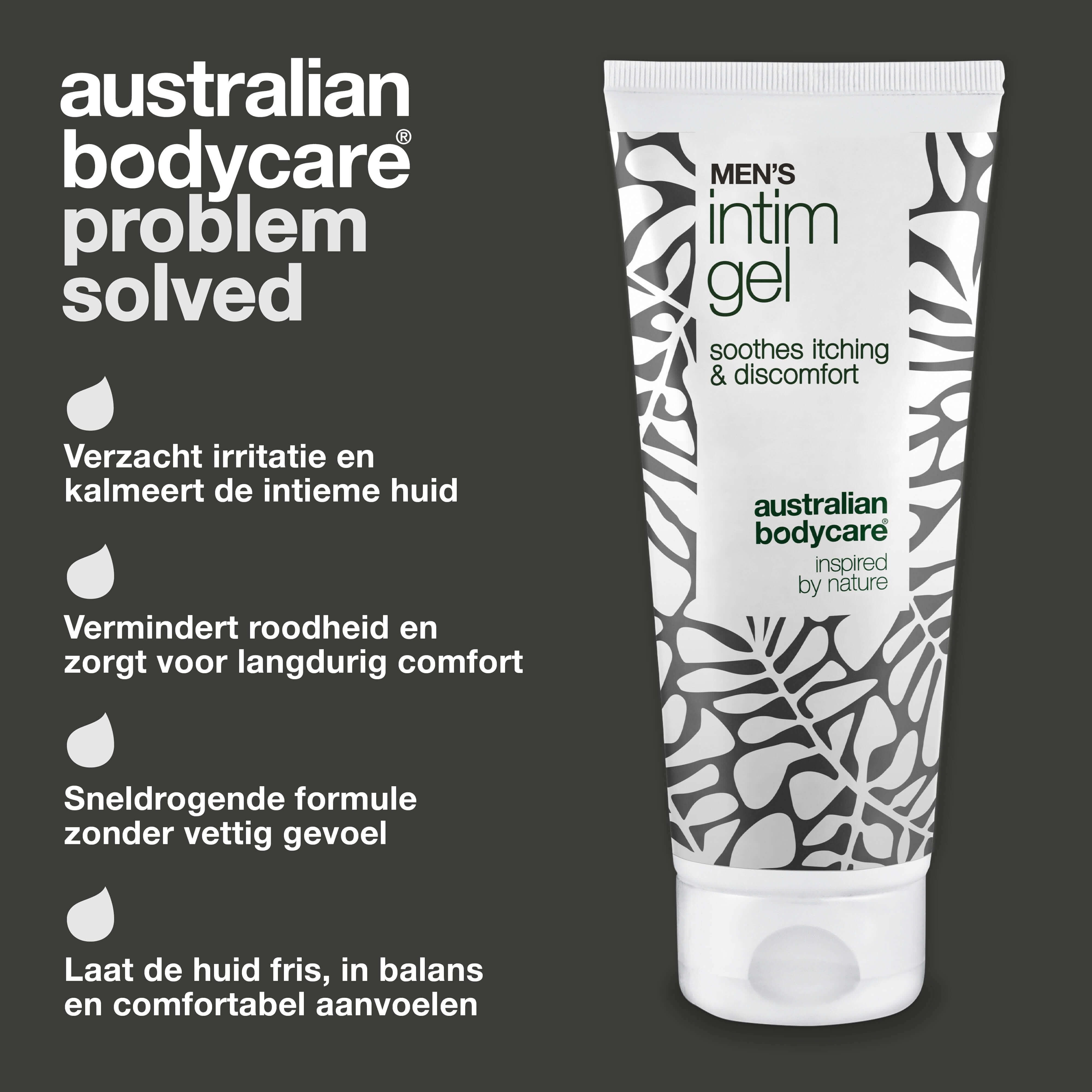 Tube intieme gel. Tekst: Men's Intim Gel, verzacht jeuk en ongemak. Tekst: Verzacht irritatie, vermindert roodheid, etc.