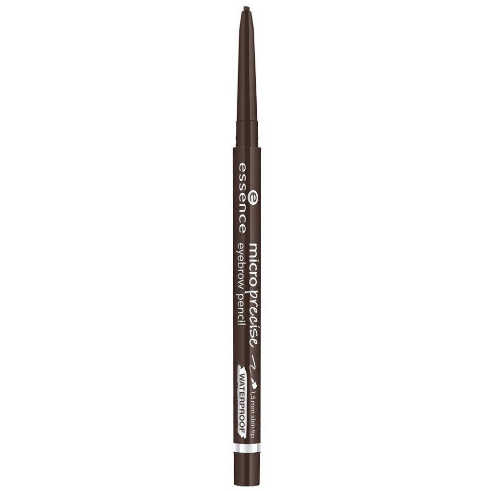 Crayon à sourcils brun. Inscription: essence, micro precise eyebrow pencil, waterproof. Pointe 0,9 mm.