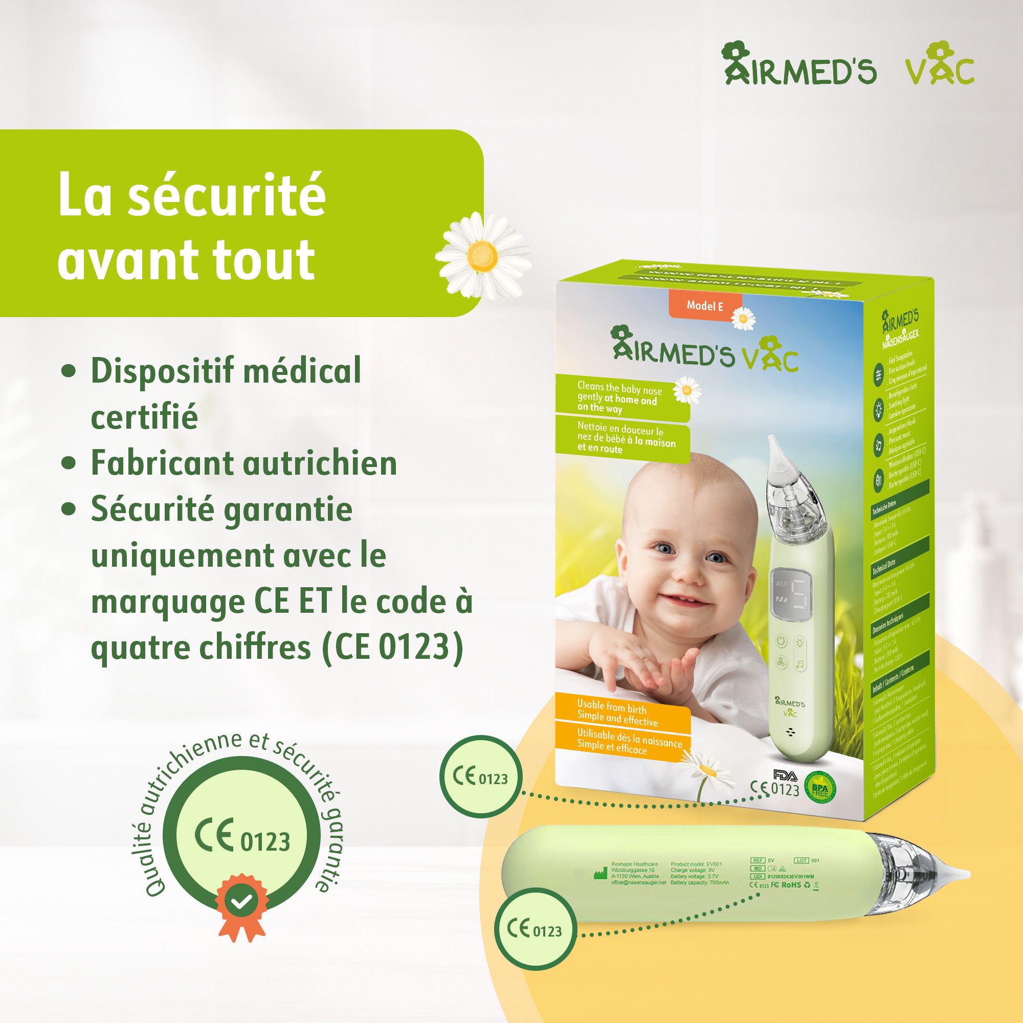 Aspirateur nasal avec écran numérique et boutons de commande.
