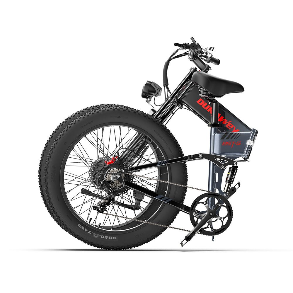 Vélo électrique de montagne noir plié. Visible : marque DUKAWEY, batterie.
