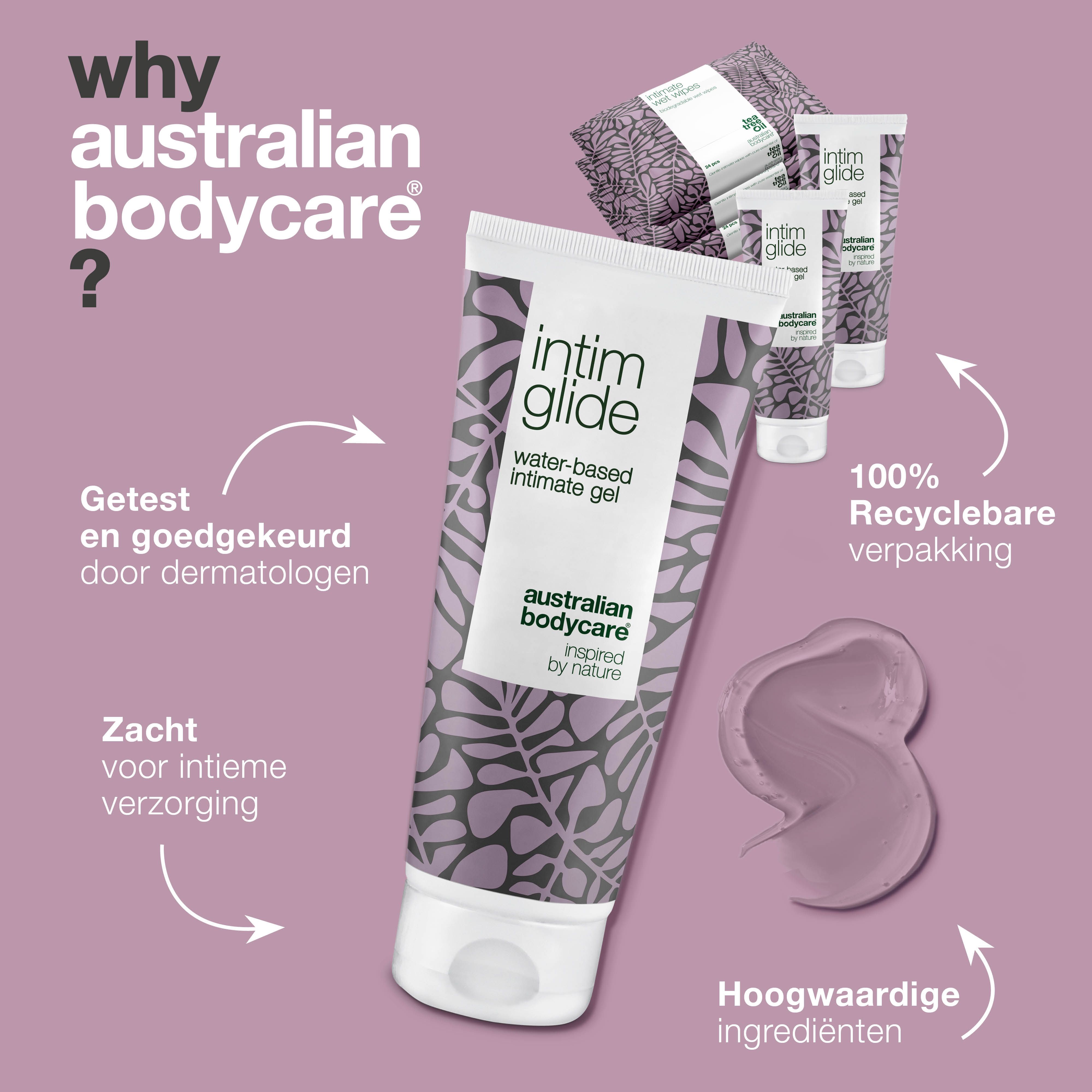 Grafiek: Waarom australian bodycare? Intieme gel. Tekst: Getest, dermatologen, zacht, hoogwaardige ingrediënten.