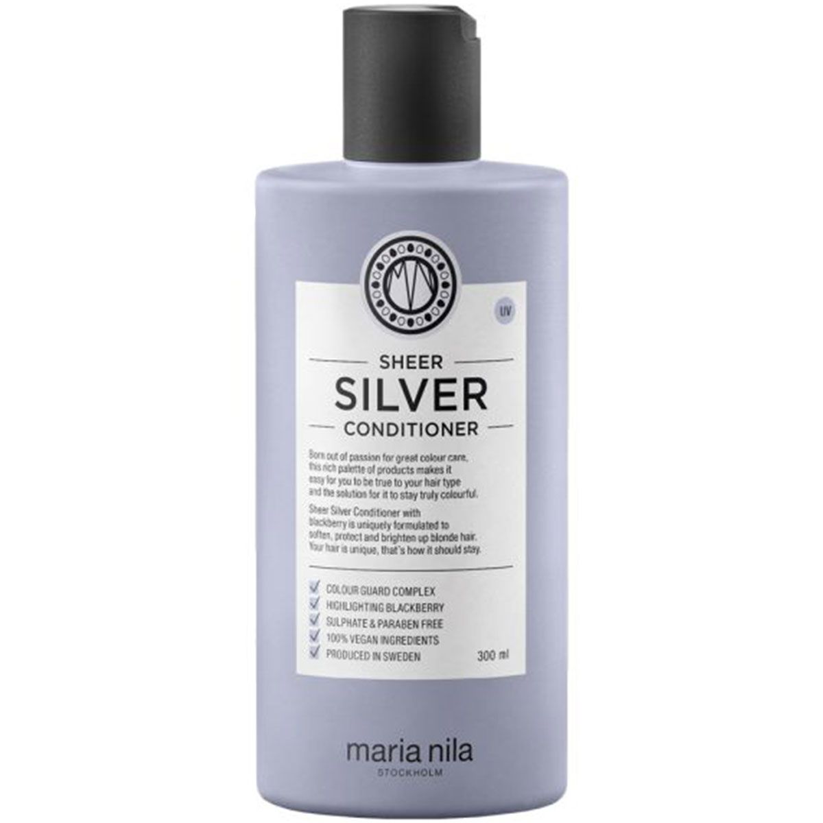 Bouteille de Maria Nila Sheer Silver Conditioner avec bouchon noir. Contient 300ml.