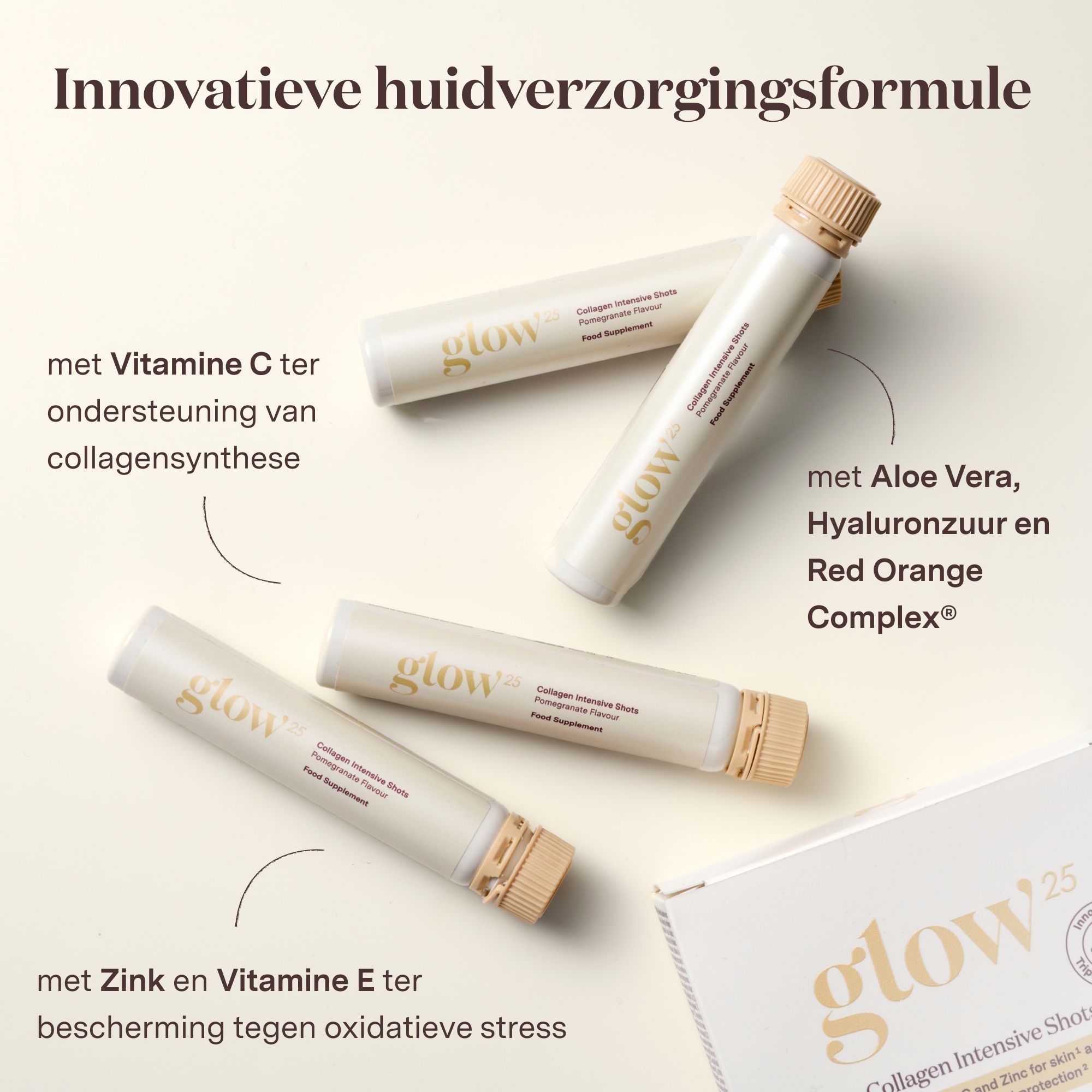 Verpakking van Glow25 Collageen Intensieve Shots met een enkele ampul.
