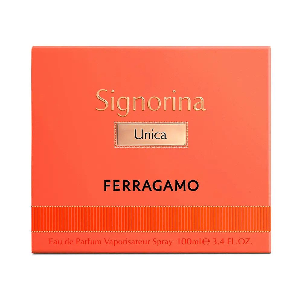 Oranje doos met opschrift Signorina Unica en FERRAGAMO. Tekst: Eau de Parfum Vaporisateur Spray 100ml 3.4 FL.OZ.
