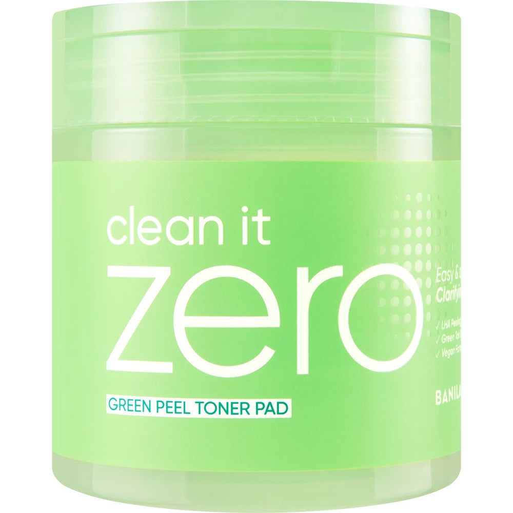 Pot de produit vert. Inscription : clean it zero, Green Peel Toner Pad. Texte et logo de BANILA CO.