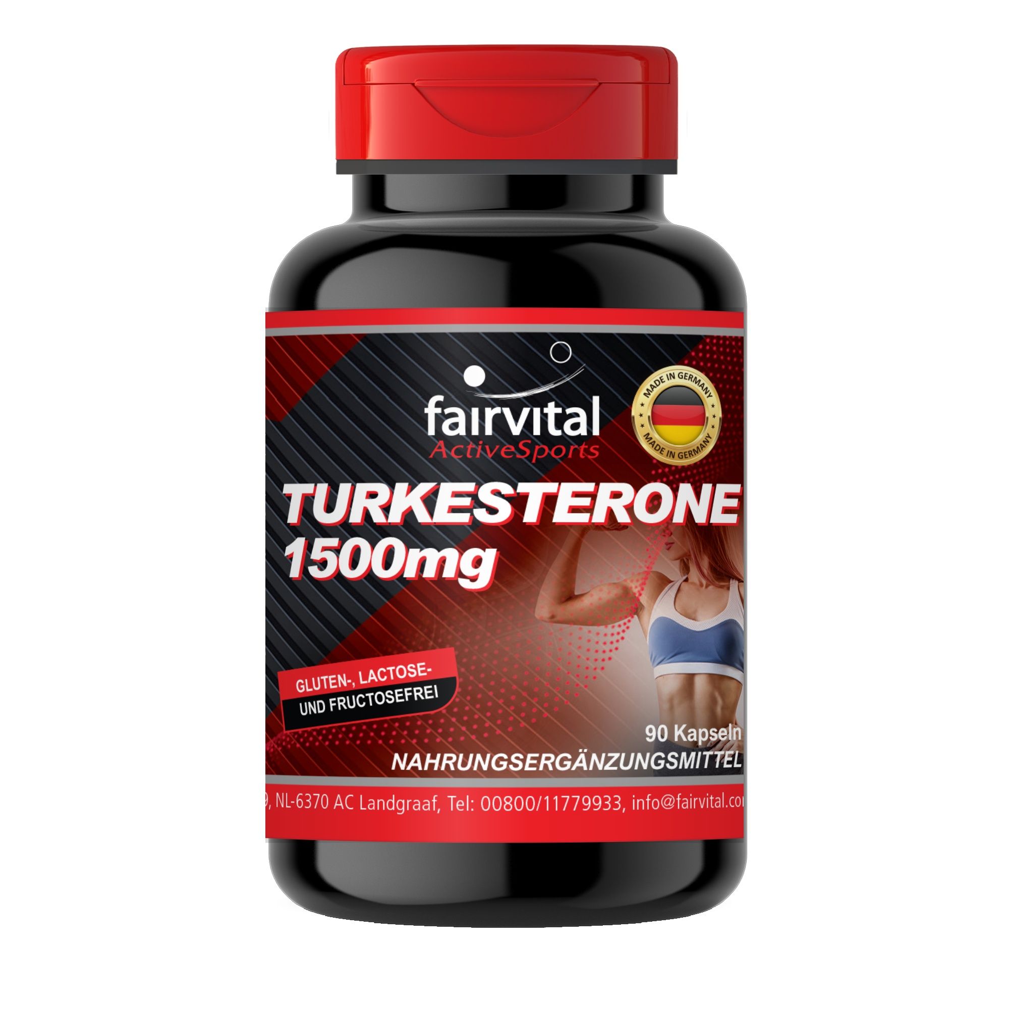 Flacon noir avec bouchon rouge, Fairvital Turkesterone 1500mg, 90 gélules, sans gluten, lactose ni fructose.
