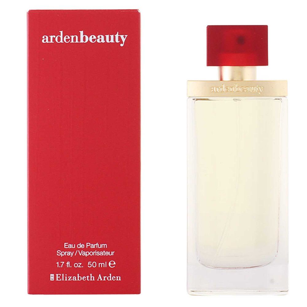 Fles en rode verpakking. "ardenbeauty" op de verpakking. Fles met rode dop. "Elizabeth Arden" zichtbaar.
