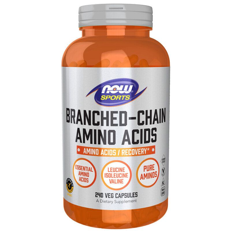 Flacon orange avec bouchon blanc. Inscription : NOW SPORTS, Branched-Chain Amino Acids. 240 gélules végétales.