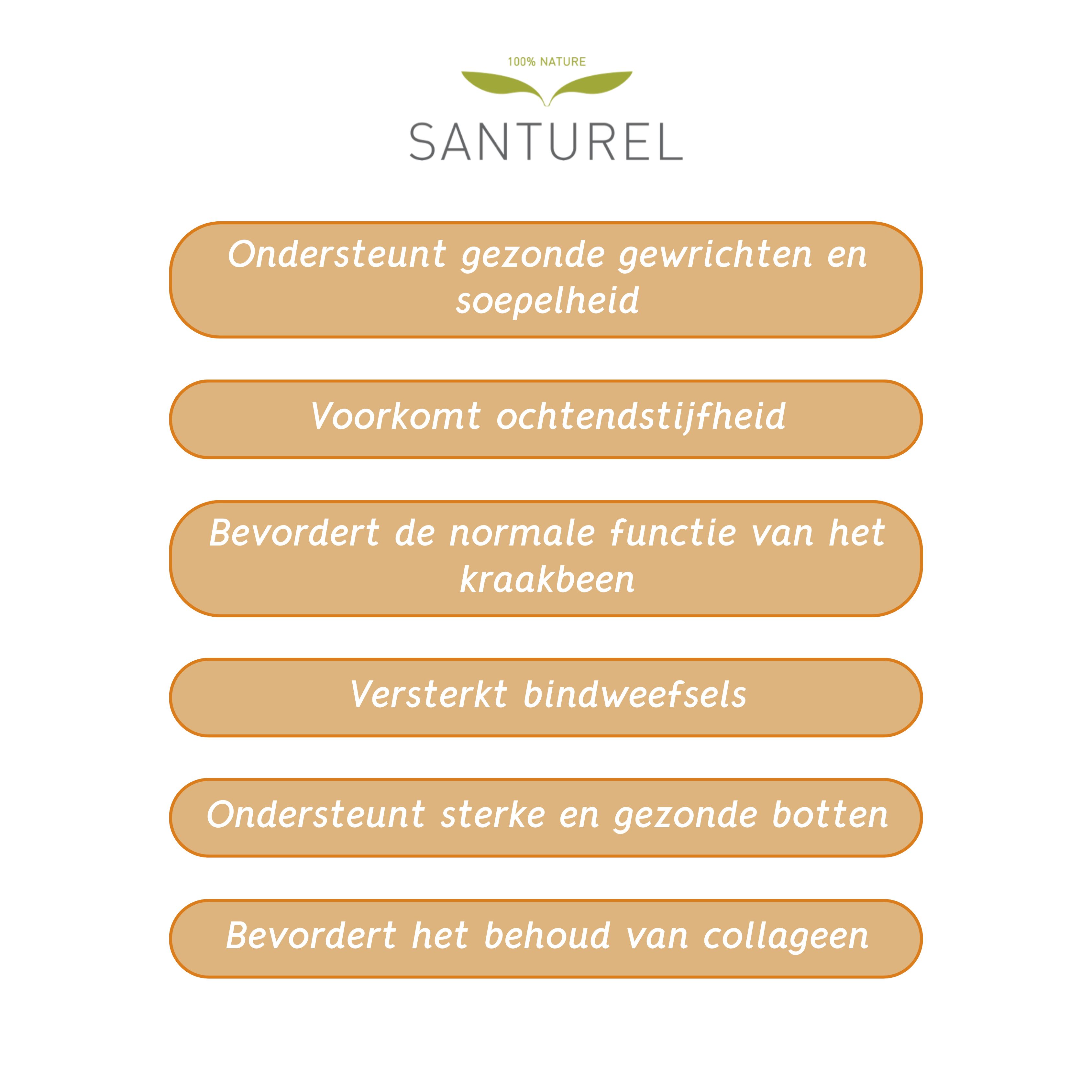 Tekstvelden met uitspraken: Ondersteunt gezonde gewrichten, voorkomt ochtendstijfheid, versterkt kraakbeen, botten.