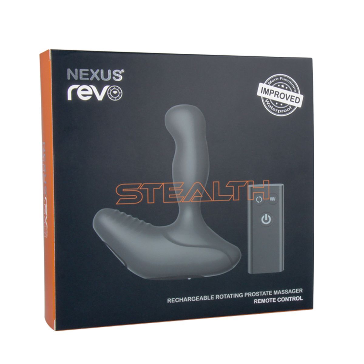 Emballage avec produit de bien-être et télécommande. Inscription : Nexus Revo Stealth. Texte : Rechargeable Rotating Prostate Massager. Étanche.