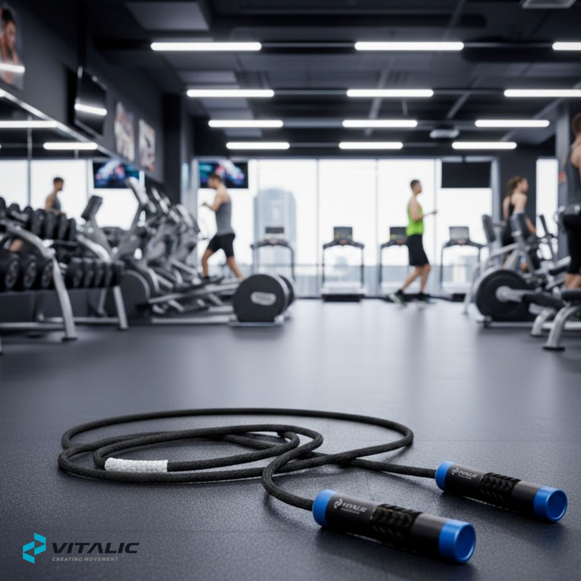 Springtouw op de vloer van een sportschool. Zwart touw, blauwe handgrepen, VITALIC-logo.