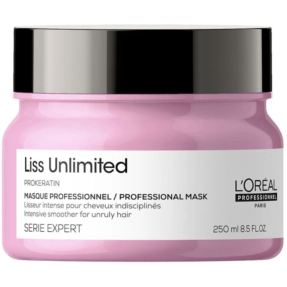 Masque rose en pot avec couvercle noir. Texte: Liss Unlimited, Masque Professionnel, 250 ml.