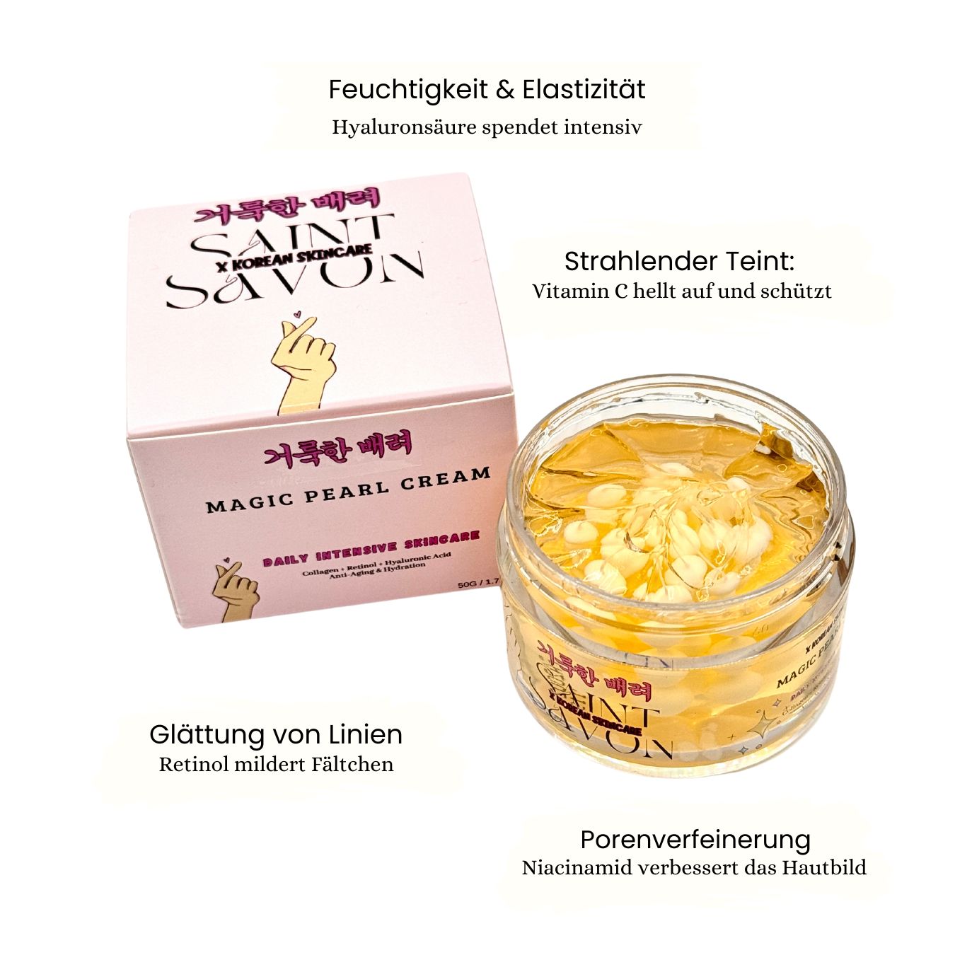 Crème in pot met deksel en doos. Opschrift: SAINT SAVON, MAGIC PEARL CREAM. Tekst over hydratatie, teint, poriën, lijnen.