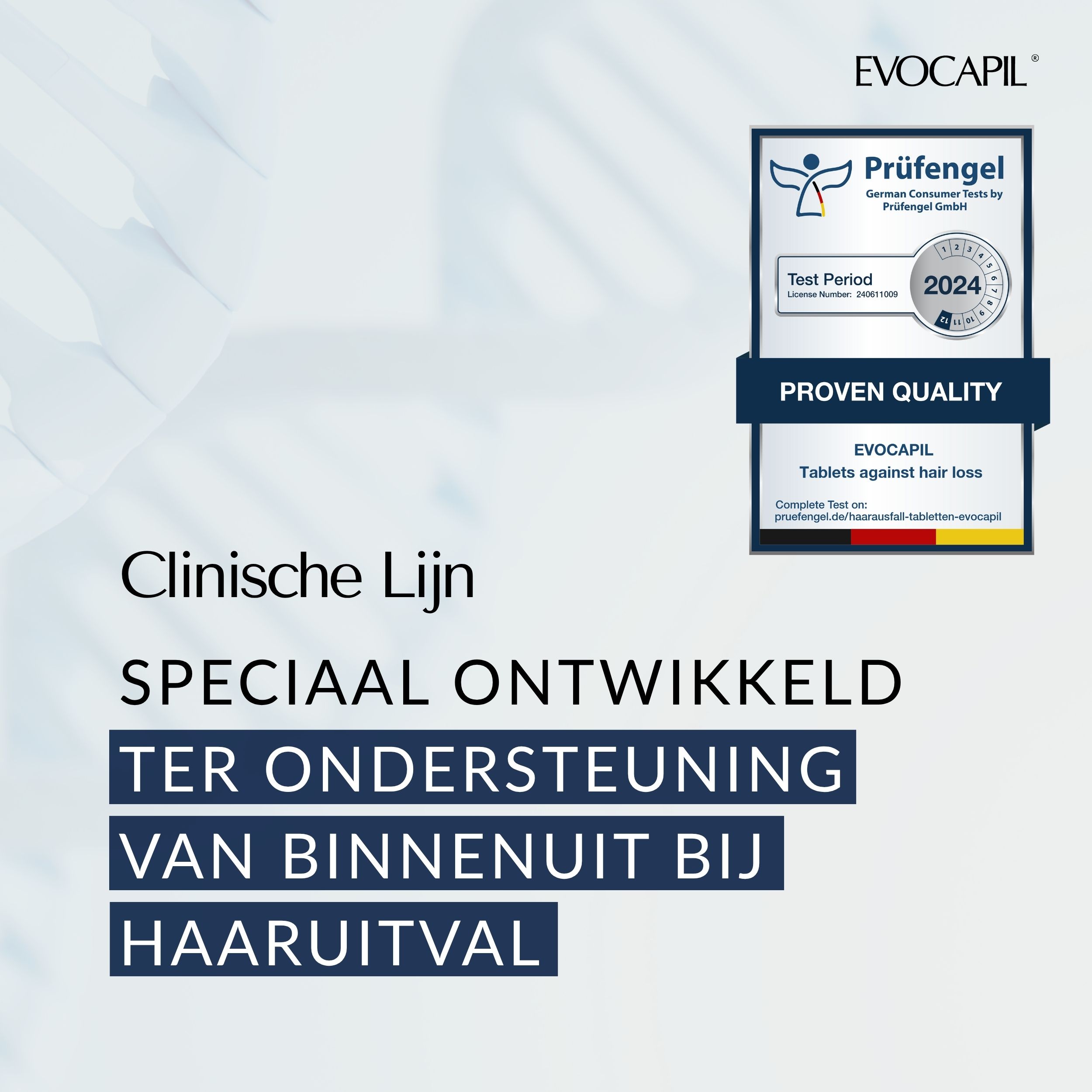 Tekst: Klinische lijn. Speciaal ontwikkeld ter ondersteuning van binnenuit bij haaruitval. Bewezen kwaliteit.