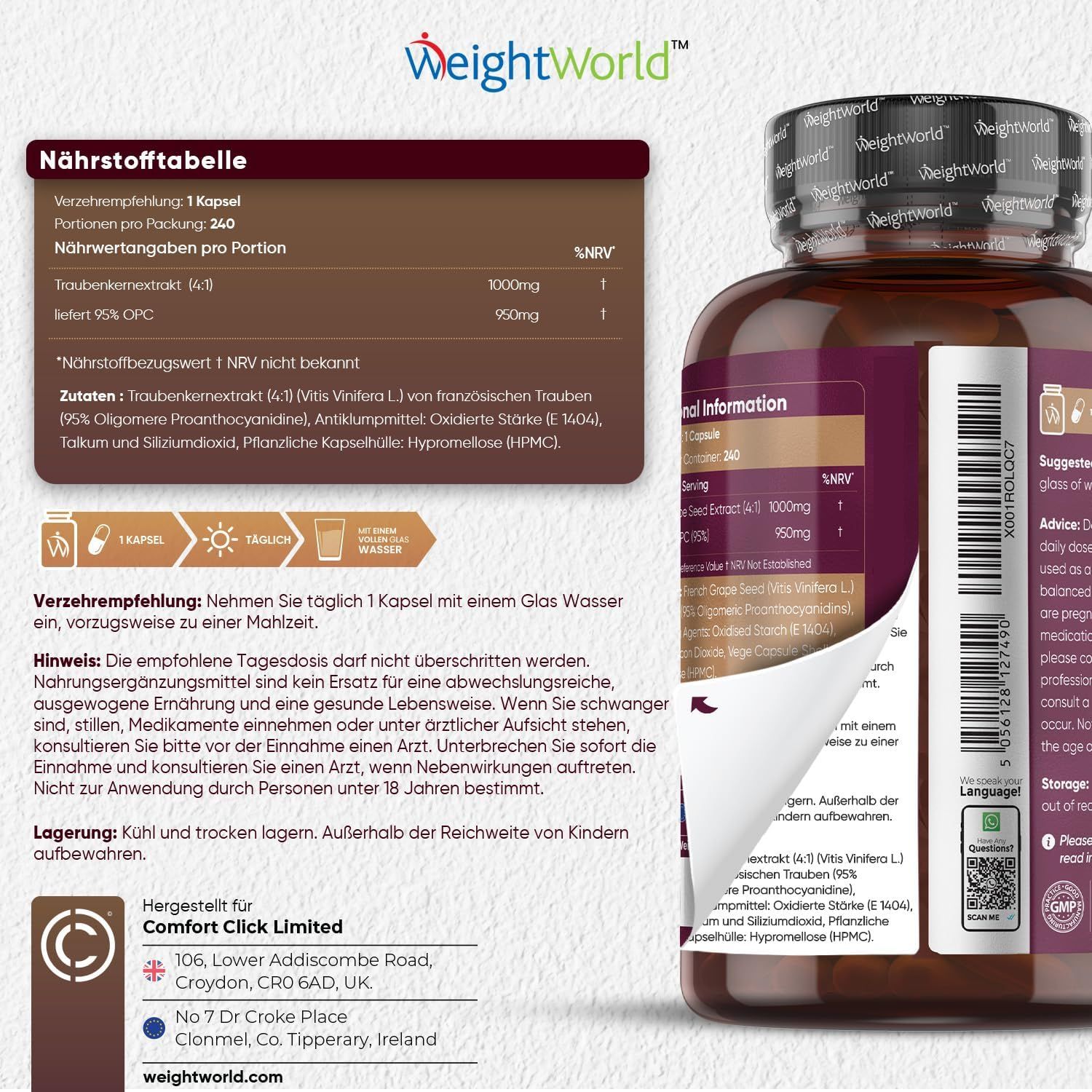 Tableau nutritionnel et informations sur la prise de gélules OPC. Contient des informations sur les ingrédients, la posologie et le stockage.