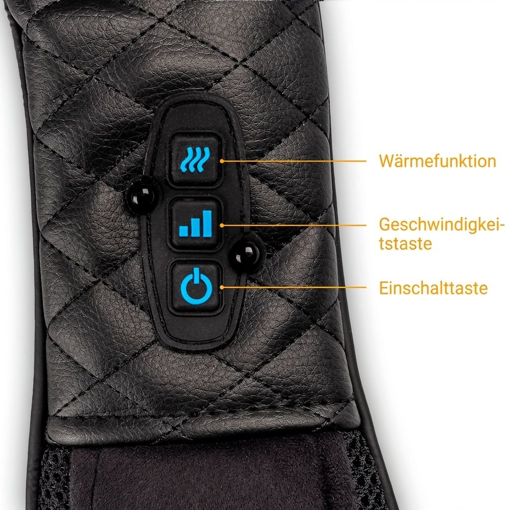 Close-up van de bedieningselementen van een nekmassager: aan/uit, snelheid, warmte.