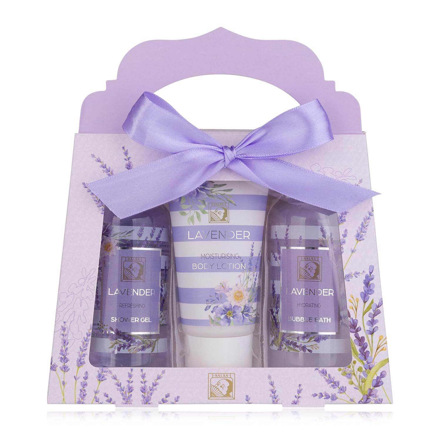 Geschenkset met douchegel, bodylotion en badschuim in een geschenkdoos met strik. Lavendel design.
