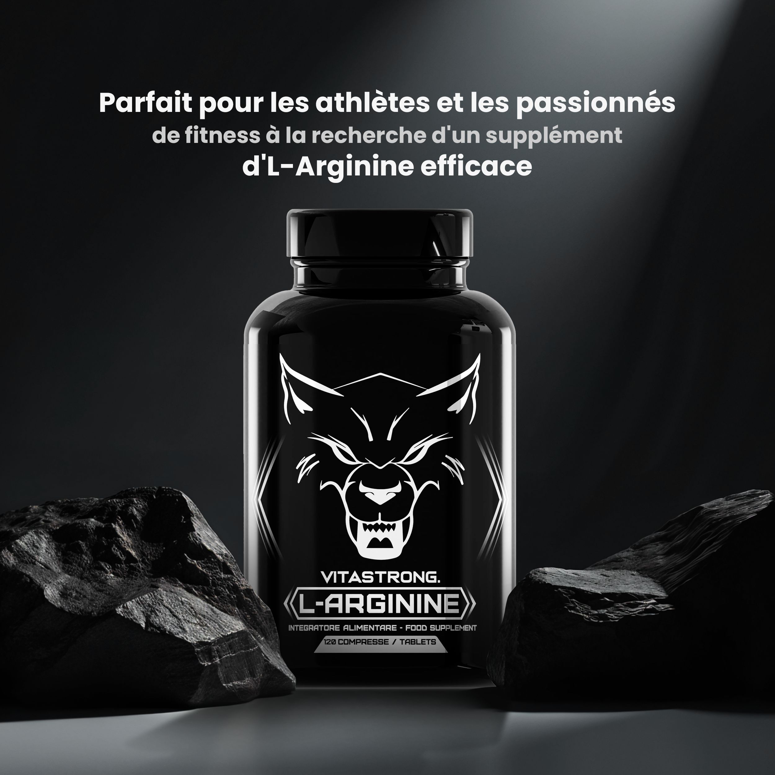 Zwarte fles Vitastrong L-Arginine op donkere achtergrond met stenen. Tekst: 120 tabletten. Voedingssupplement.