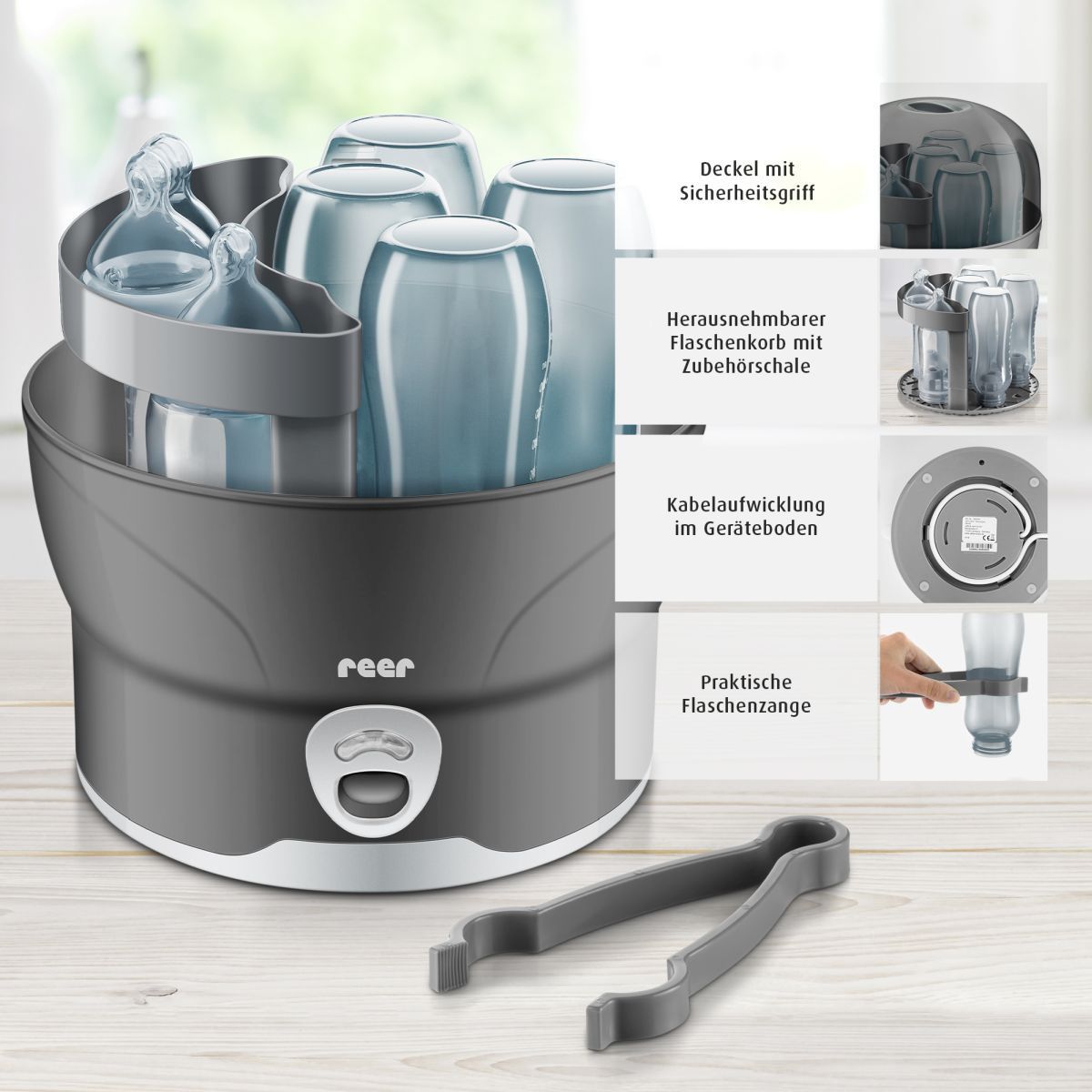 Desinfectie-eenheid met flessen, accessoires en tang. Extra productinformatie.