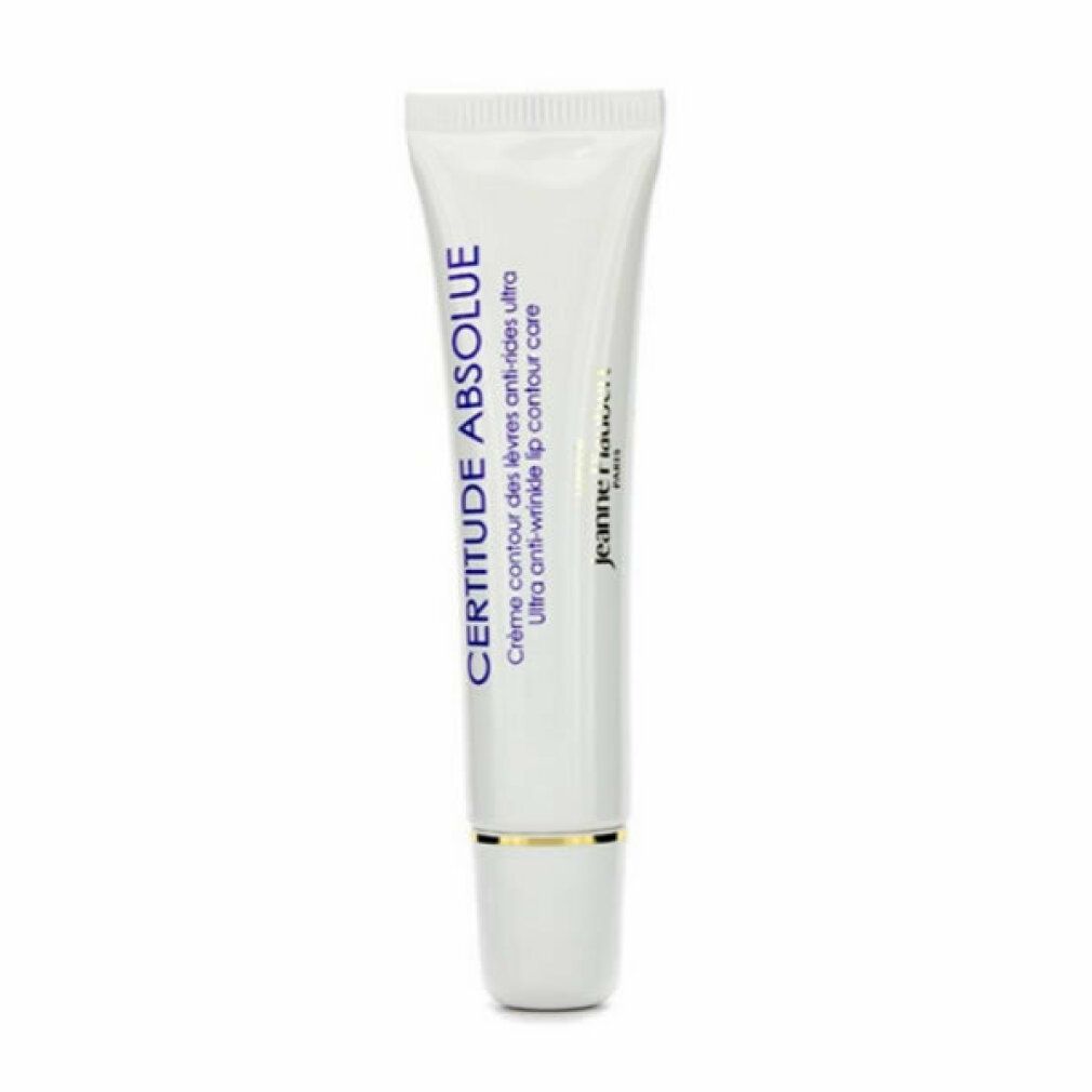 Tube de soin pour les lèvres blanc avec texte bleu: CERTITUDE ABSOLUE, Crème contour des lèvres anti-rides ultra, Ultra anti-wrinkle lip contour care, Jeanne Piaubert.