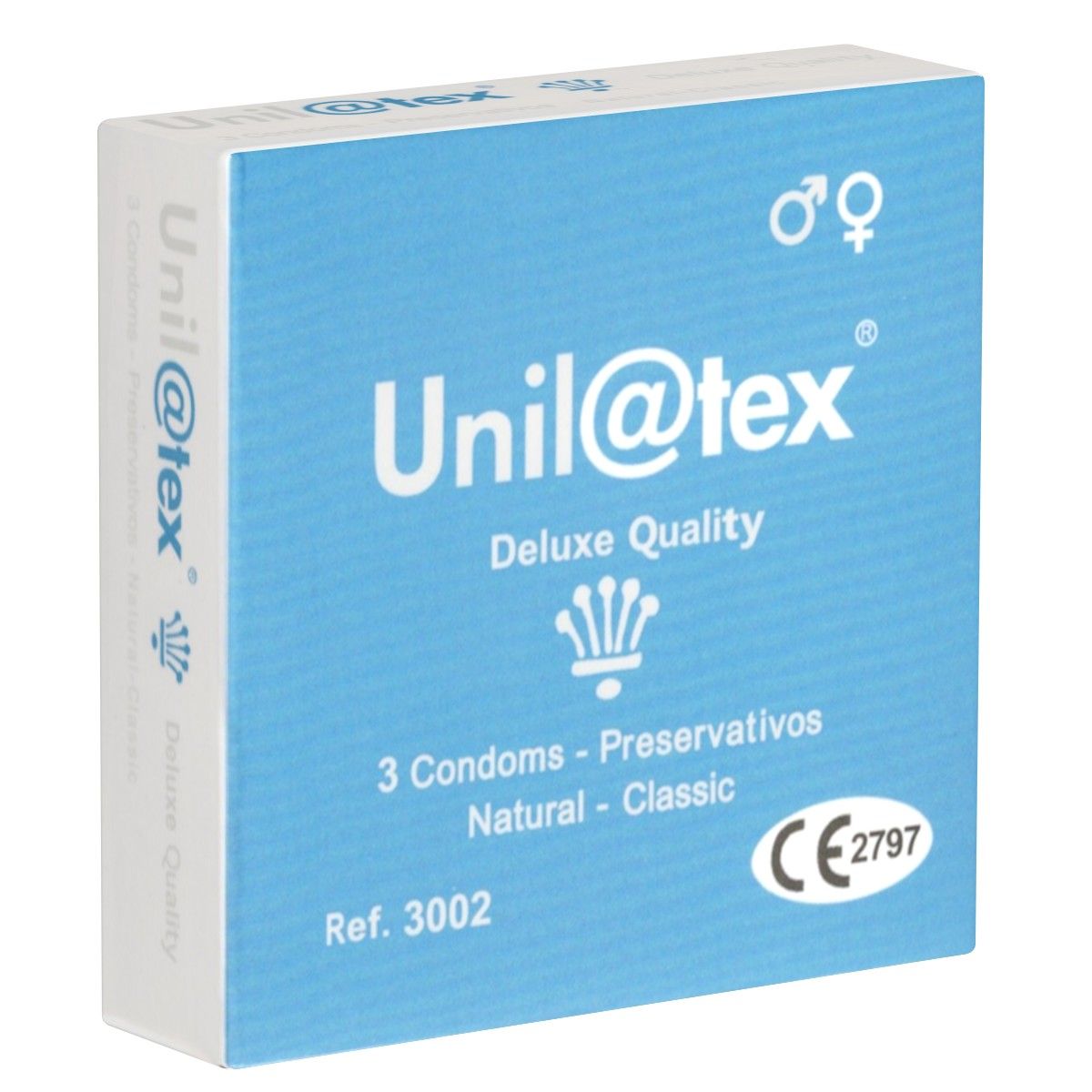 Blauwe en witte doos met "Unil@tex" logo, "Deluxe Quality" en "3 Condoms - Preservativos Natural - Classic". CE-markering.