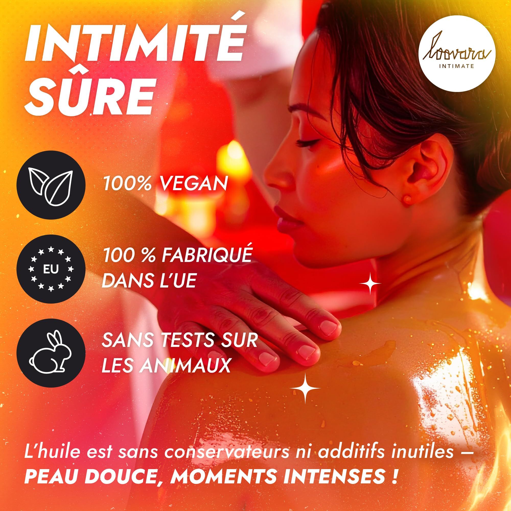 Bouteille d'huile de massage Loovara Warm Up avec étiquette jaune, entourée d'éclaboussures d'huile.