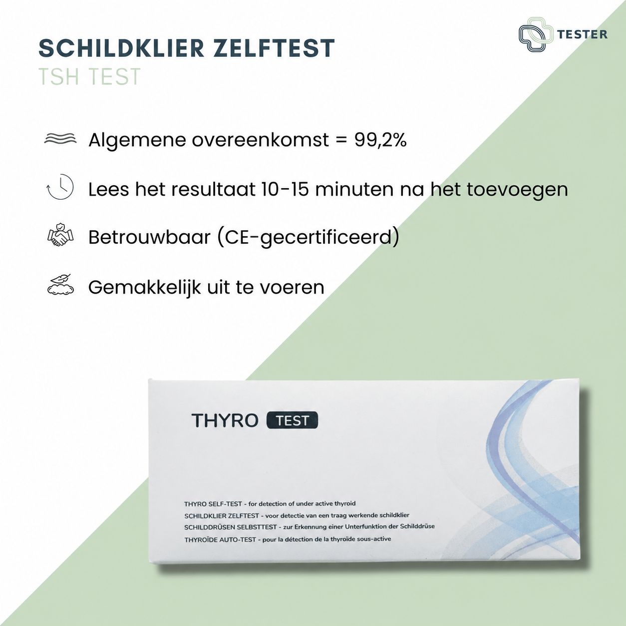 Informatie over de schildklier zelftest: betrouwbaarheid, leestijd resultaat, CE-certificering en eenvoudige uitvoering.