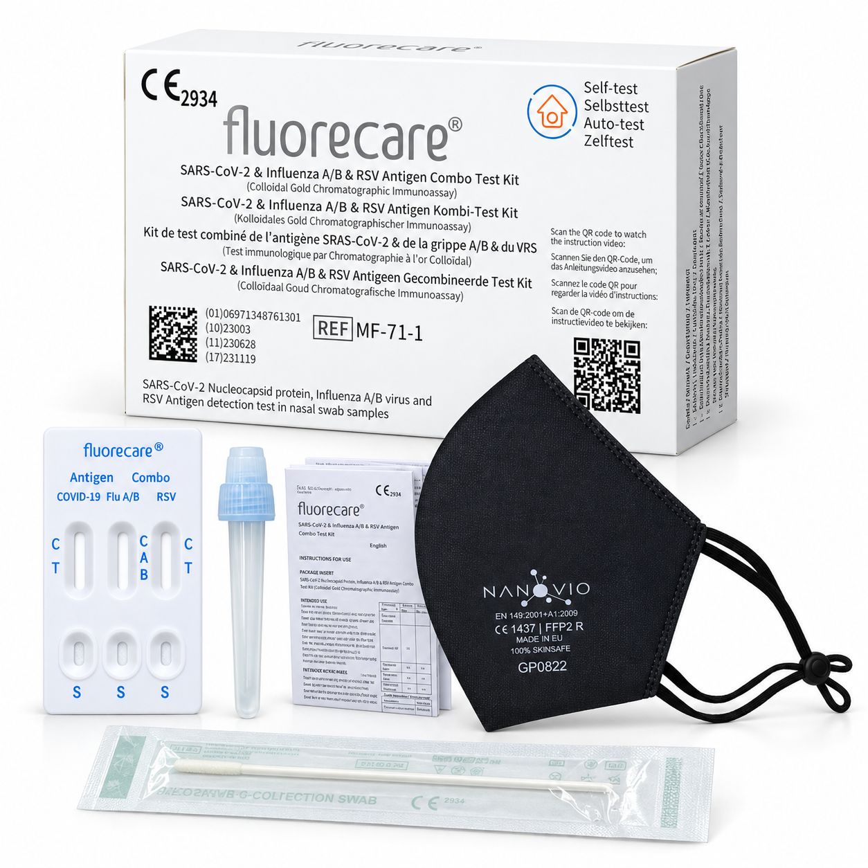 Fluorecare testkit met masker: testcassette, wattenstaafje, buis, handleiding en FFP2-masker.