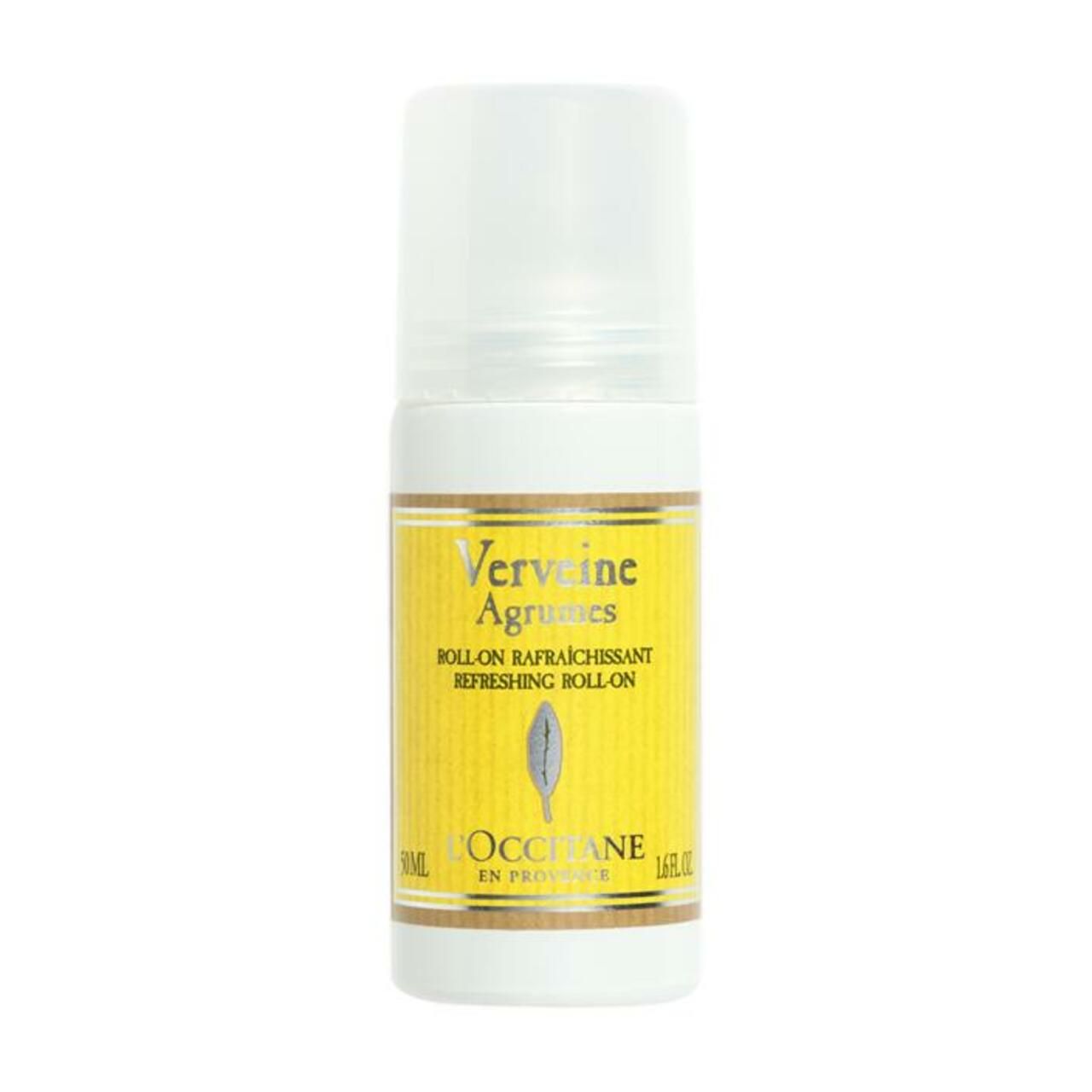 L'Occitane Verveine Agrumes Verfrissende Roll-On. Geel etiket met bladmotief en tekst.