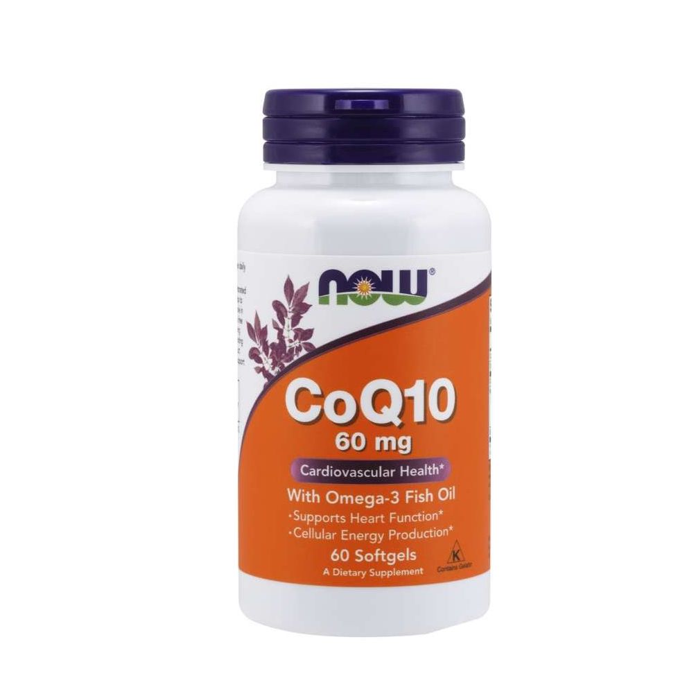Witte fles met blauwe dop. Opschrift: CoQ10 60 mg, NOW. Bevat Omega-3 visolie. 60 softgels. Voedingssupplement.