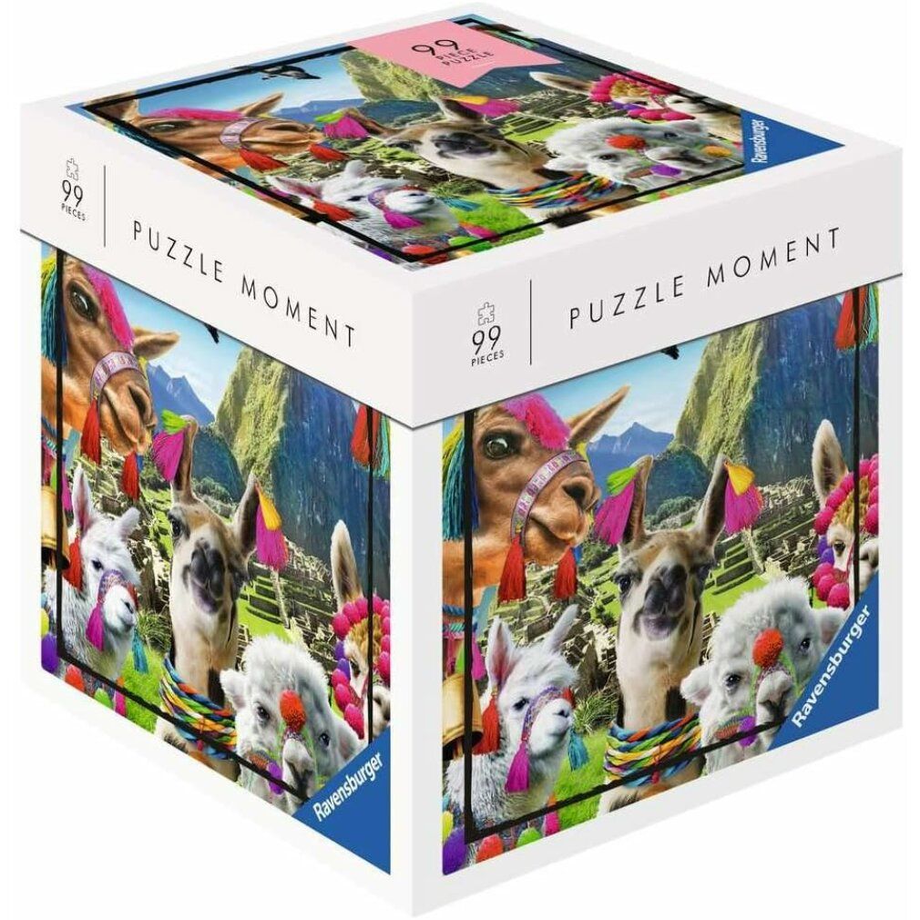 Boîte de puzzle de 99 pièces. Motif : lamas devant un paysage de montagne. Inscription : Puzzle Moment, Ravensburger. Emballage avec vues du puzzle.